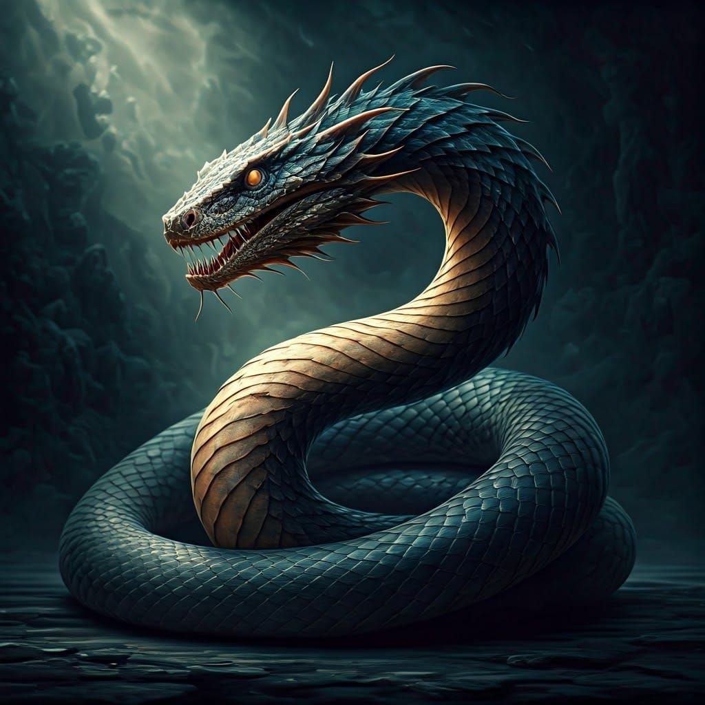 Majestic Serpentine Creature in Film Noir Style