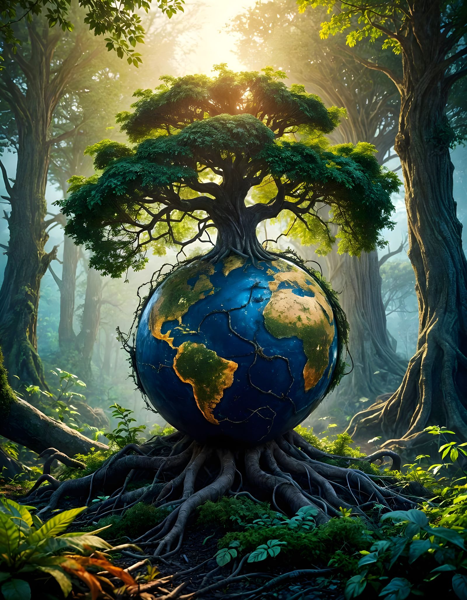 Dystopian Earth Globe Crowned by Overgrown Tree