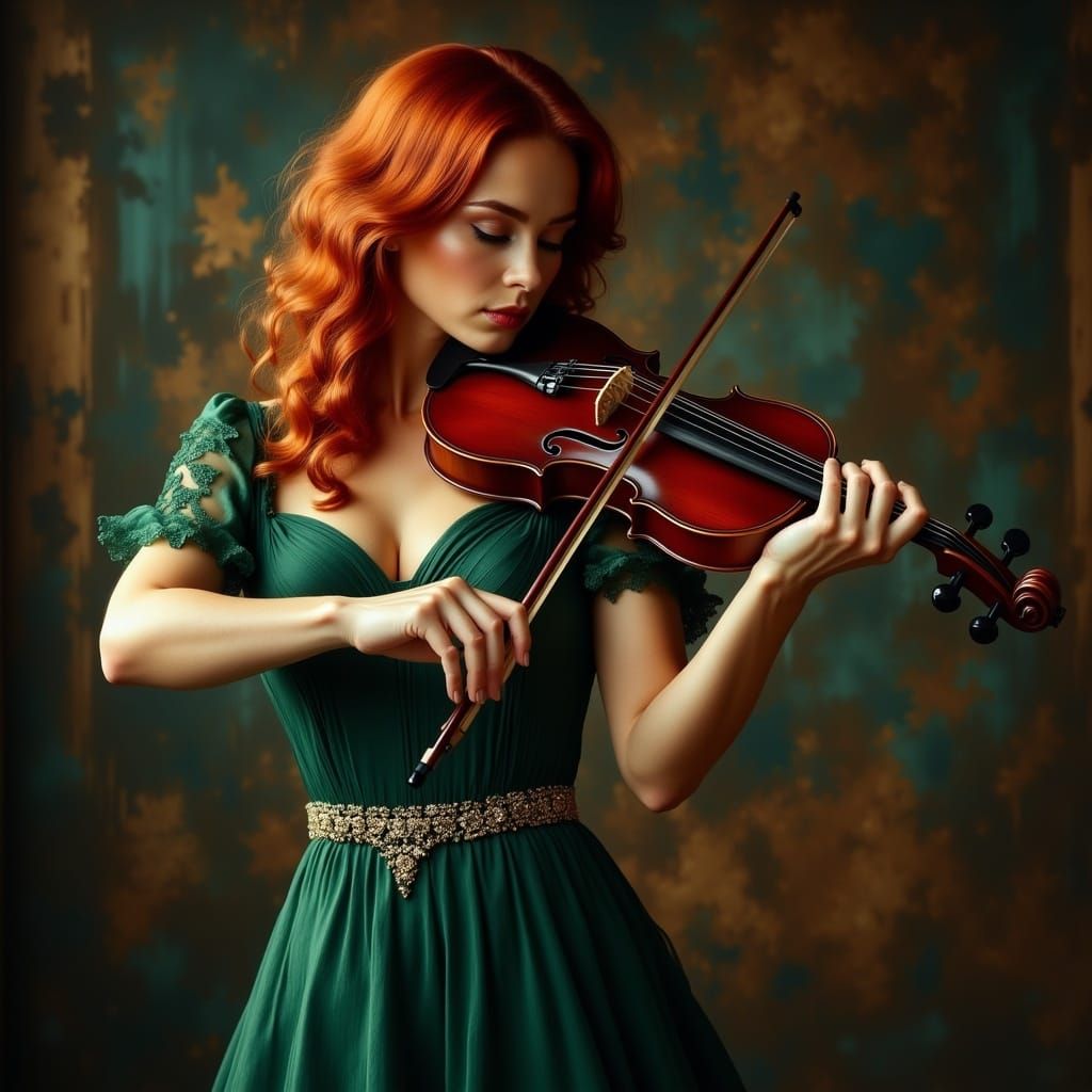 Elegant Woman in Emerald Green Playing Violin