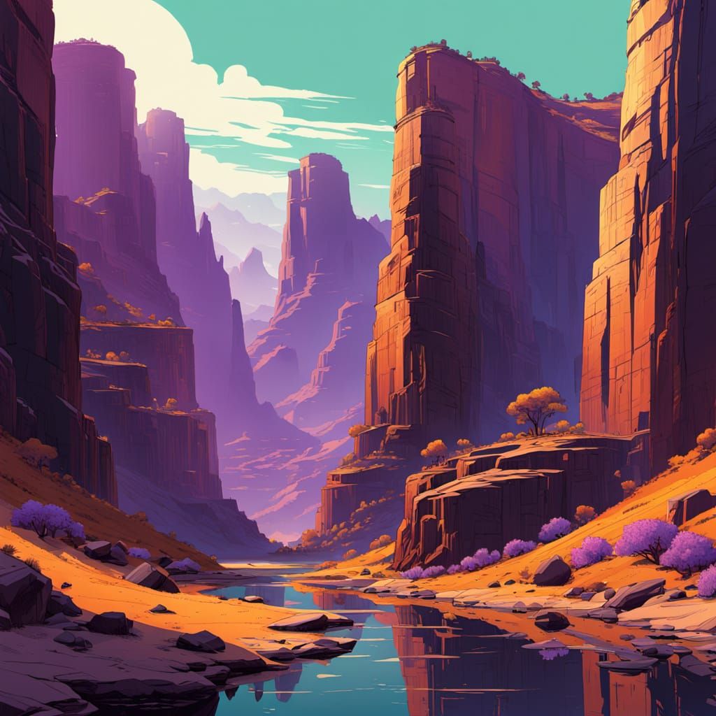 Vibrant Canyon Landscape in Copic Marker Style