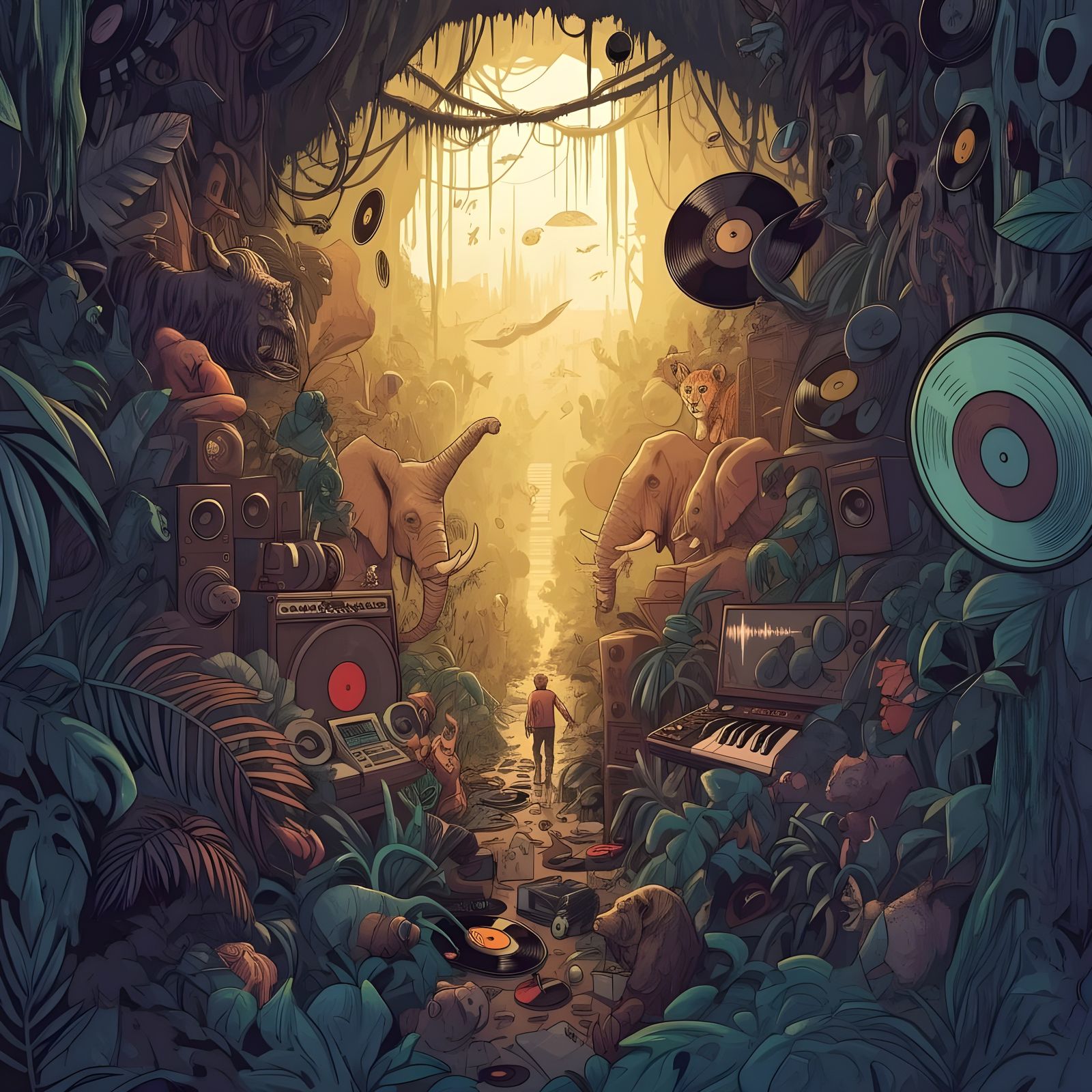 Vibrant Jungle of Sound Waves and Vinyl Records