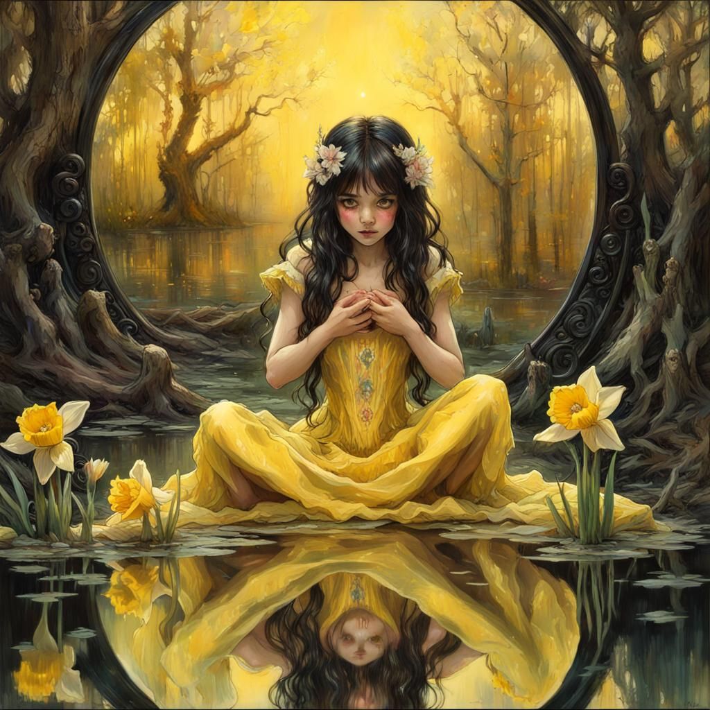 Chibi Moon Goddess Reflects in Daffodil Pond