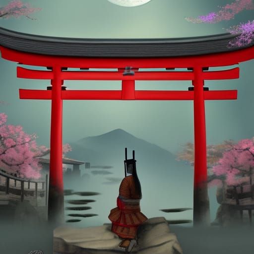 Samurai at Torii Gate with Sakura and Moon
