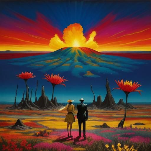 Surreal Embrace in War-Torn Landscape