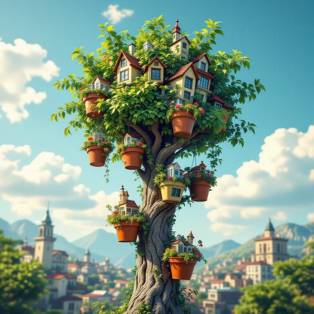 Fantastical Tree Cityscape With Pot Plants
