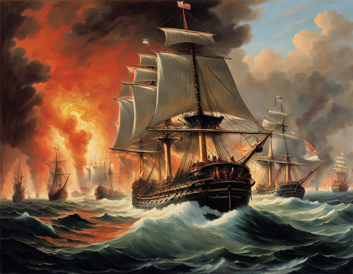 Vibrant 19th-Century Naval Battle Scene in Historical Style