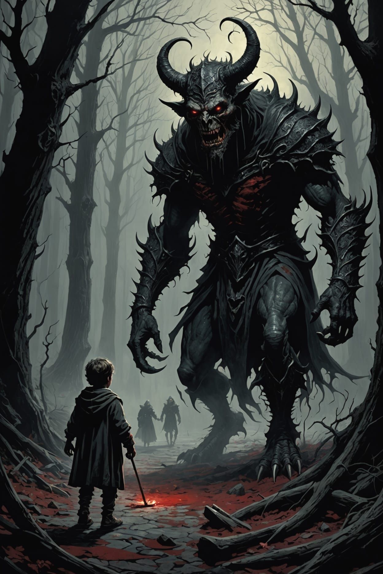Terrifying Demon Stalks Child: Horror Illustration