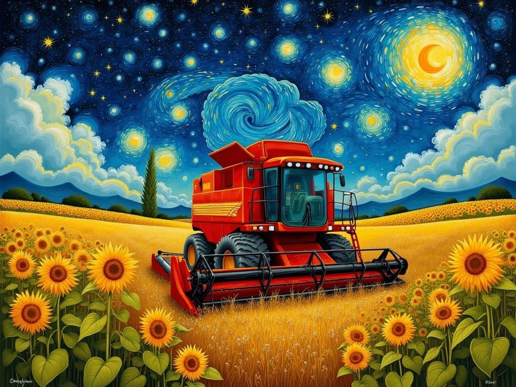 Sunflower Field Harvester Under Starry Night, in Van Gogh St...
