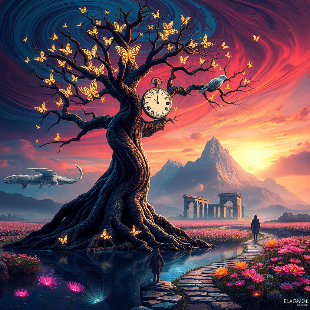 Surreal Ancient Tree with Glass Butterflies and Runes