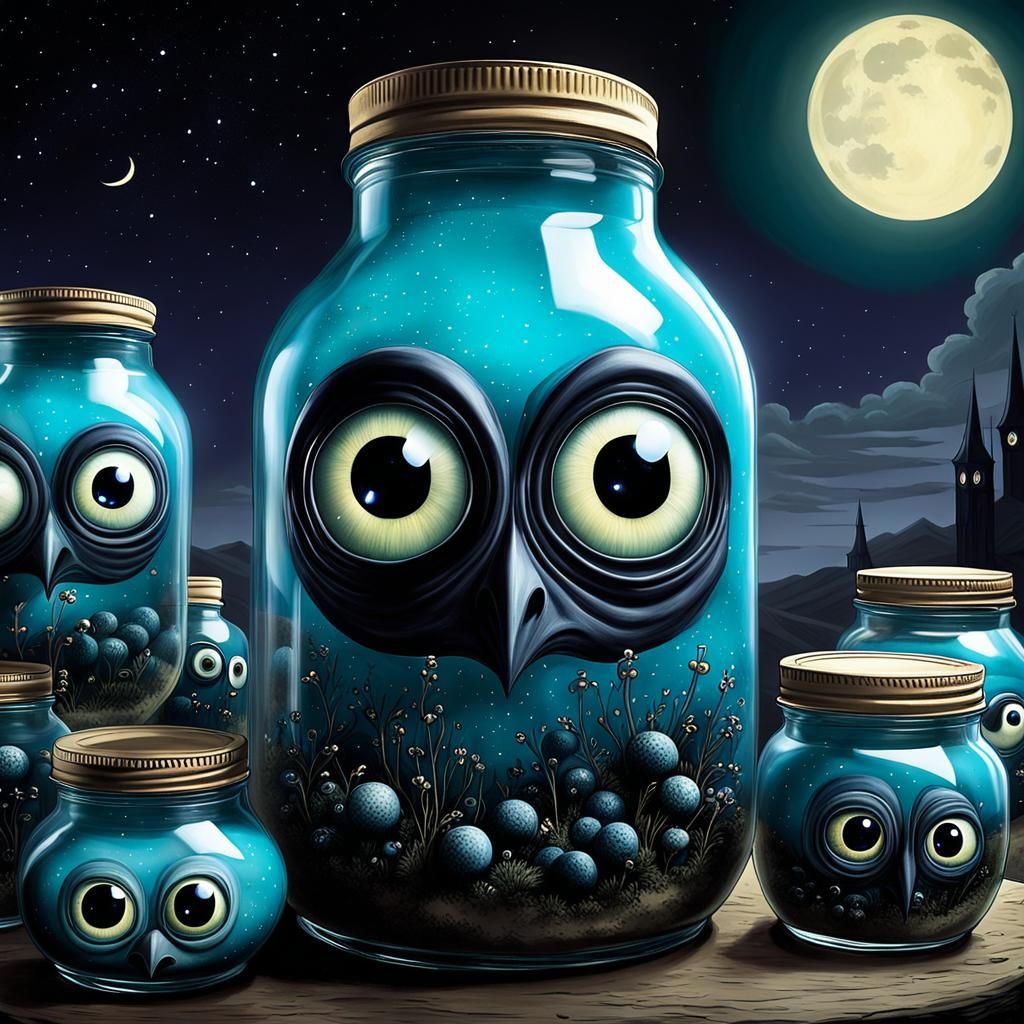 Gothic Creature with Jars of Dreams in Photogram Style