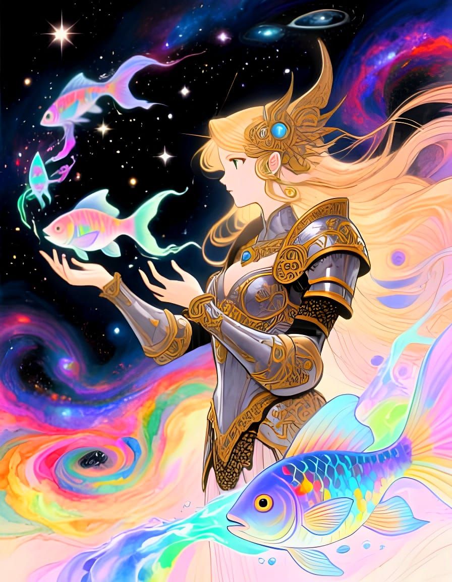 Celestial Warrior Princess Captures Ethereal Space Fish