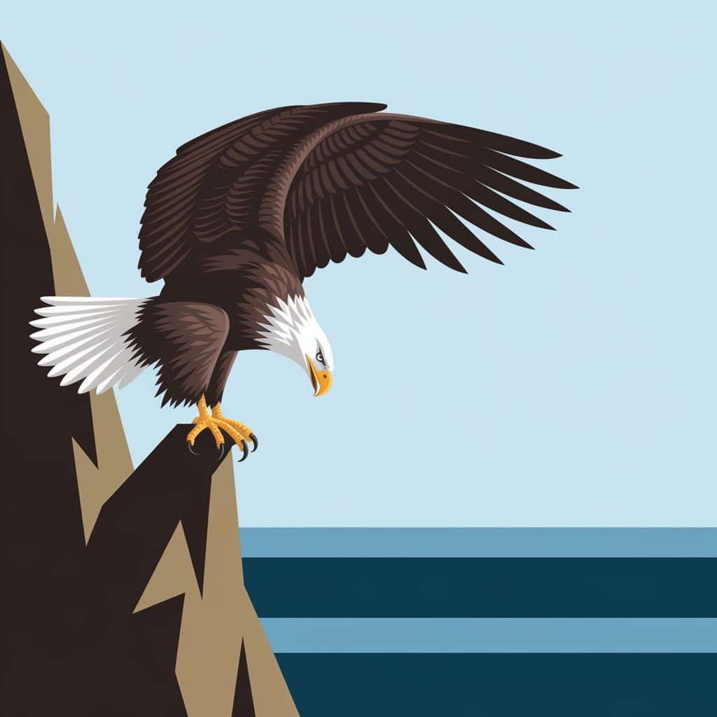 Eagle Perched on Rocky Outcropping with Oceanic Horizon