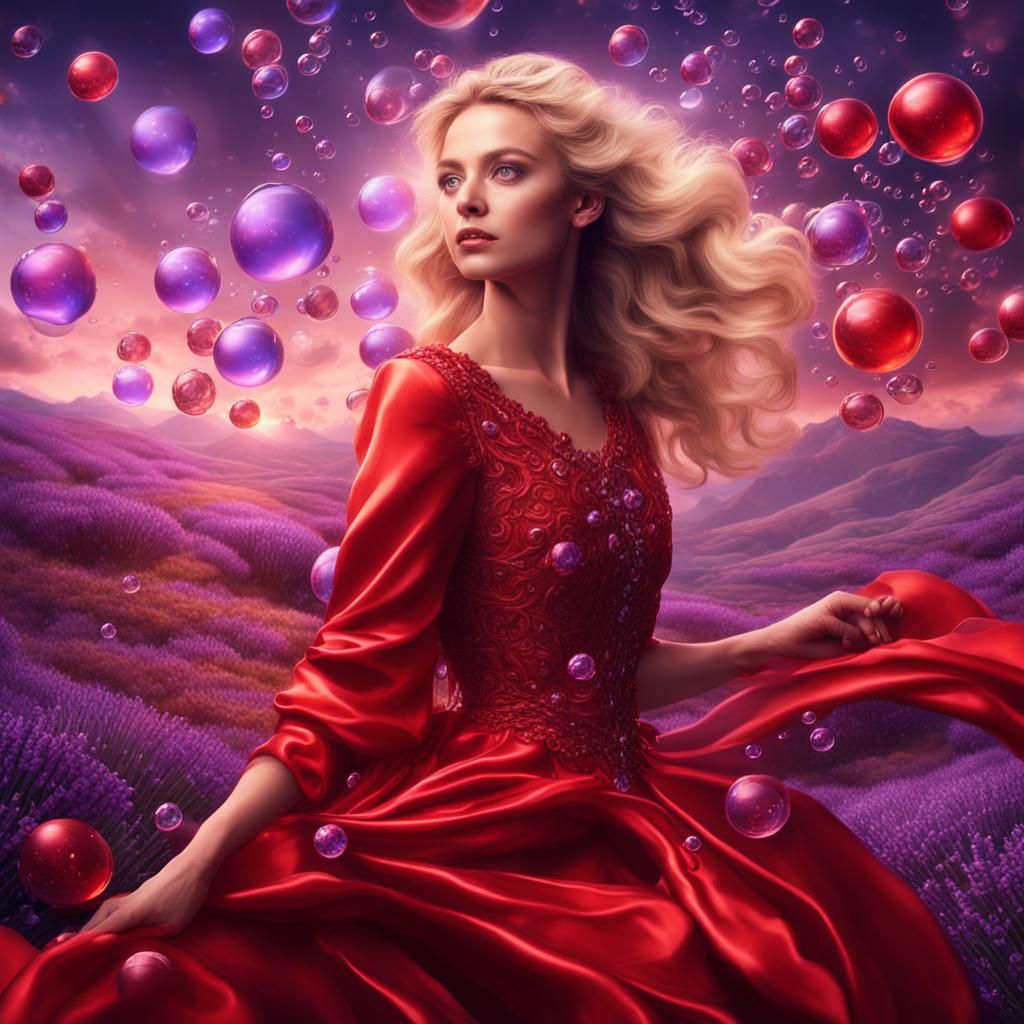 Blonde Woman in Red Satin with Bubbles