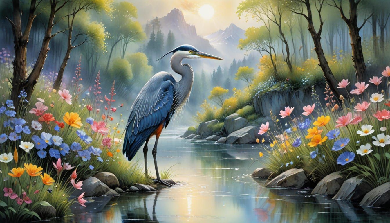 Dreamy Spring Scene in Whimsical Watercolor Style