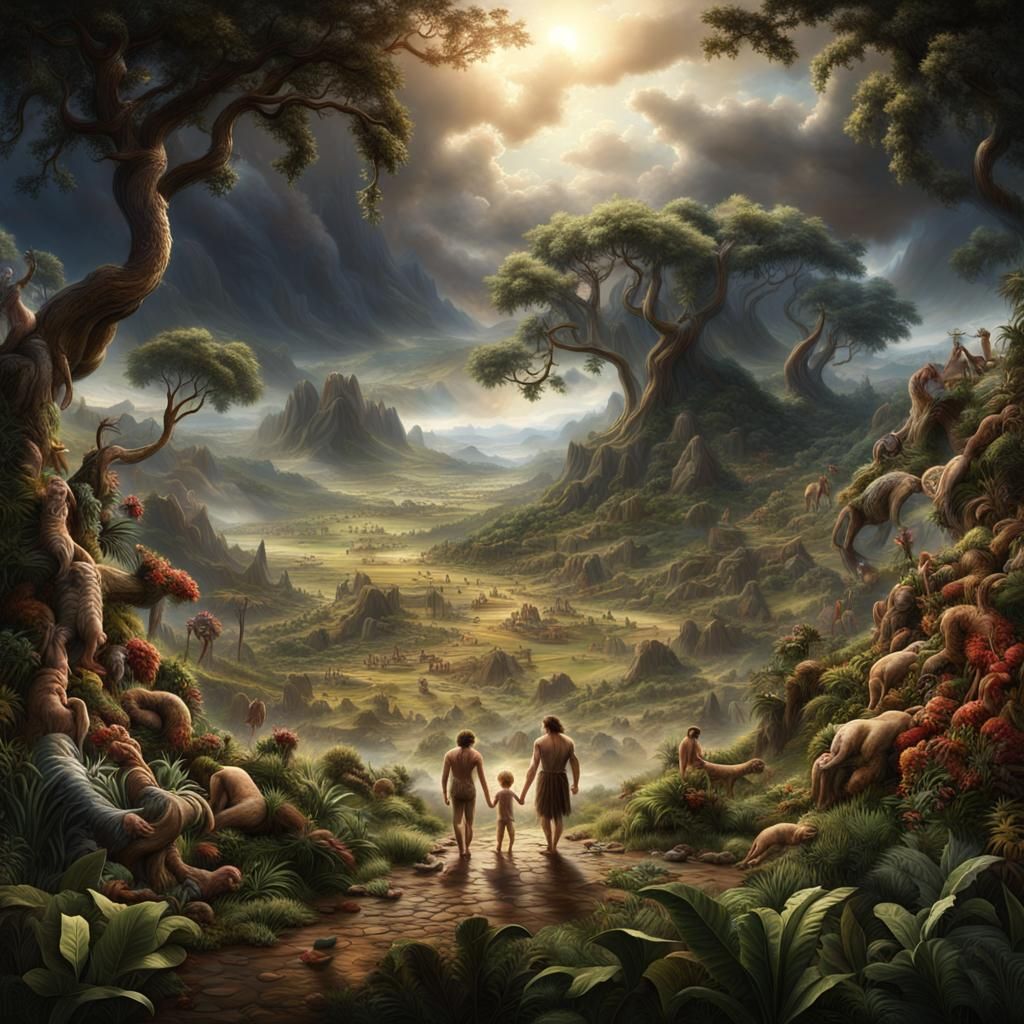Creation story Adam and Eve Cain and Abel outside of the Gar...
