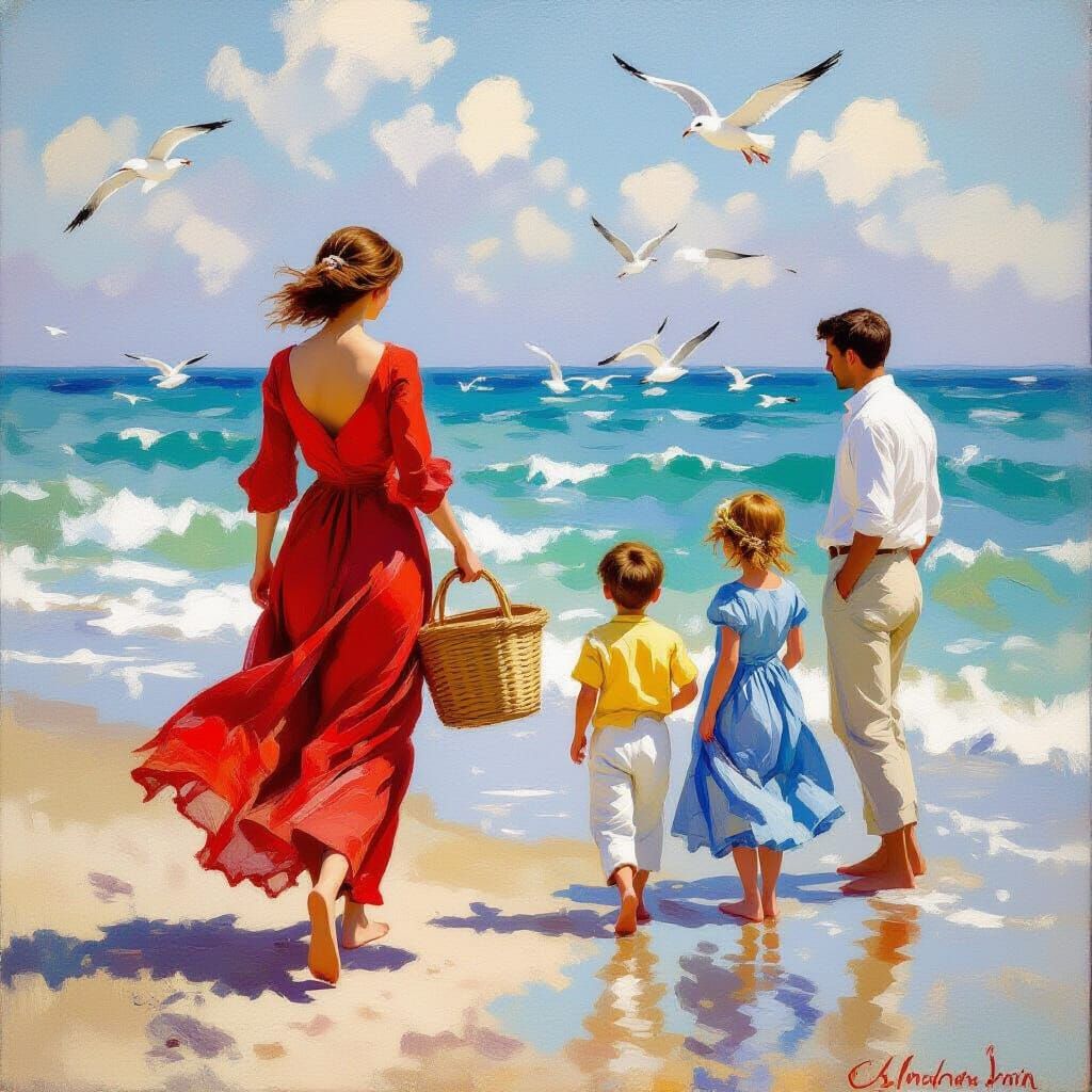 Impressionistic Beach Scene with Figures in Oil Paint