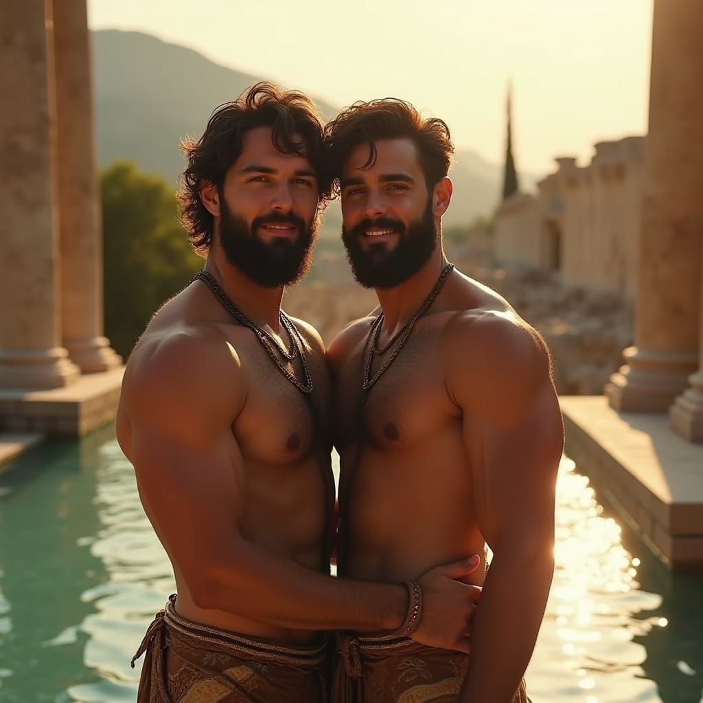 Handsome Greek Youths Embrace at Ancient Temple Pool
