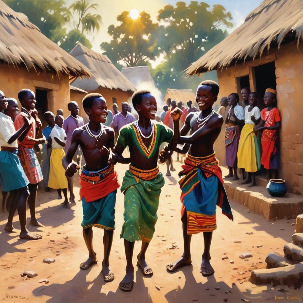 Joyful African Village Celebration in Oil Painting Style