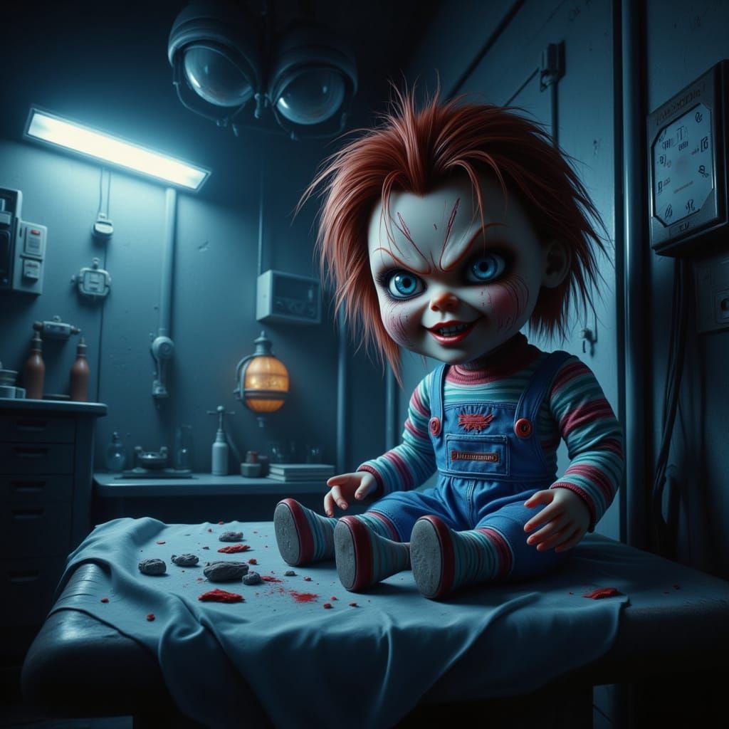 Creepy Chucky Doll in Eerie Hospital Setting