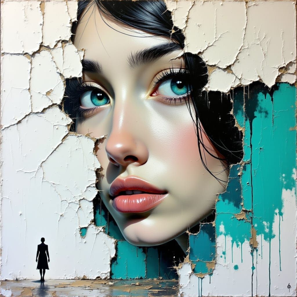 Fragmented Face Emerging from Wall as Impasto Painting