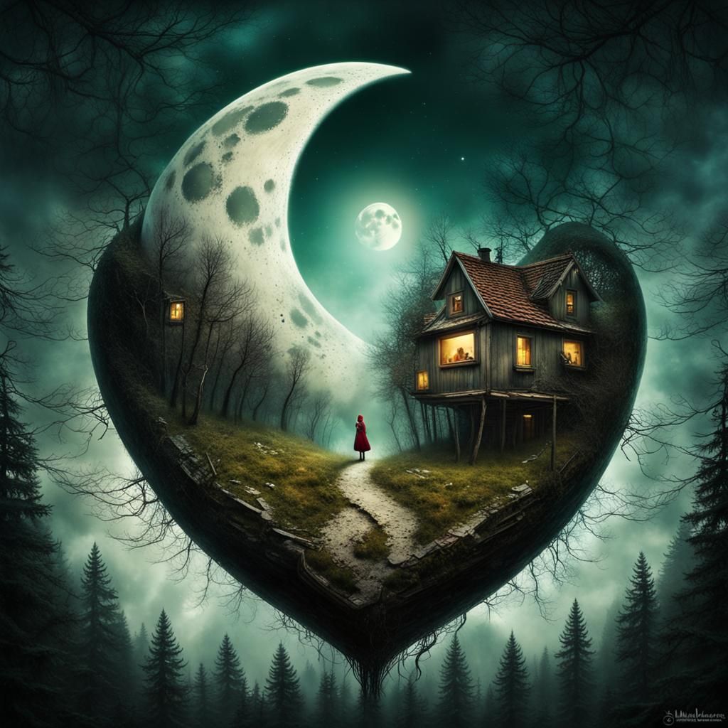 Surreal Moon Heart Forest Village: Oil on Canvas
