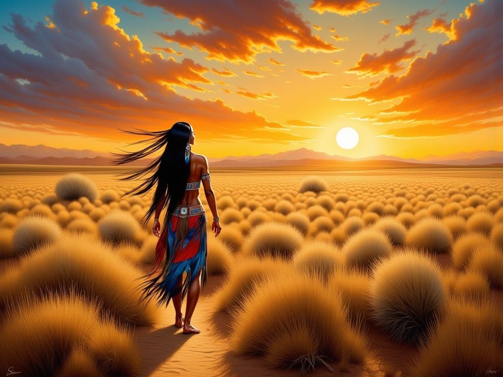 Native American Woman Embraces Sunlit Plains in Hyperrealist...