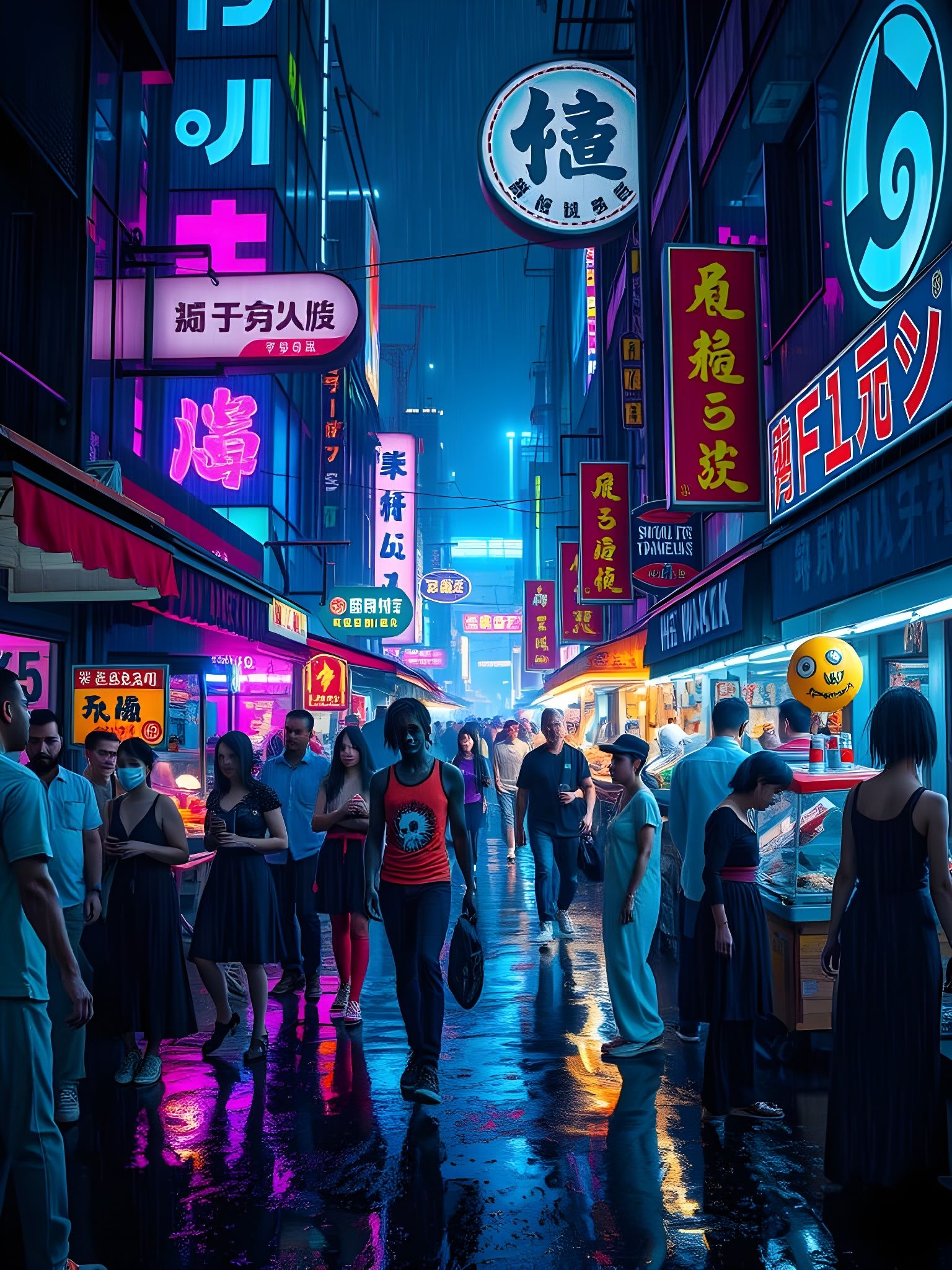 Dystopian Night Market in Futuristic Cityscape