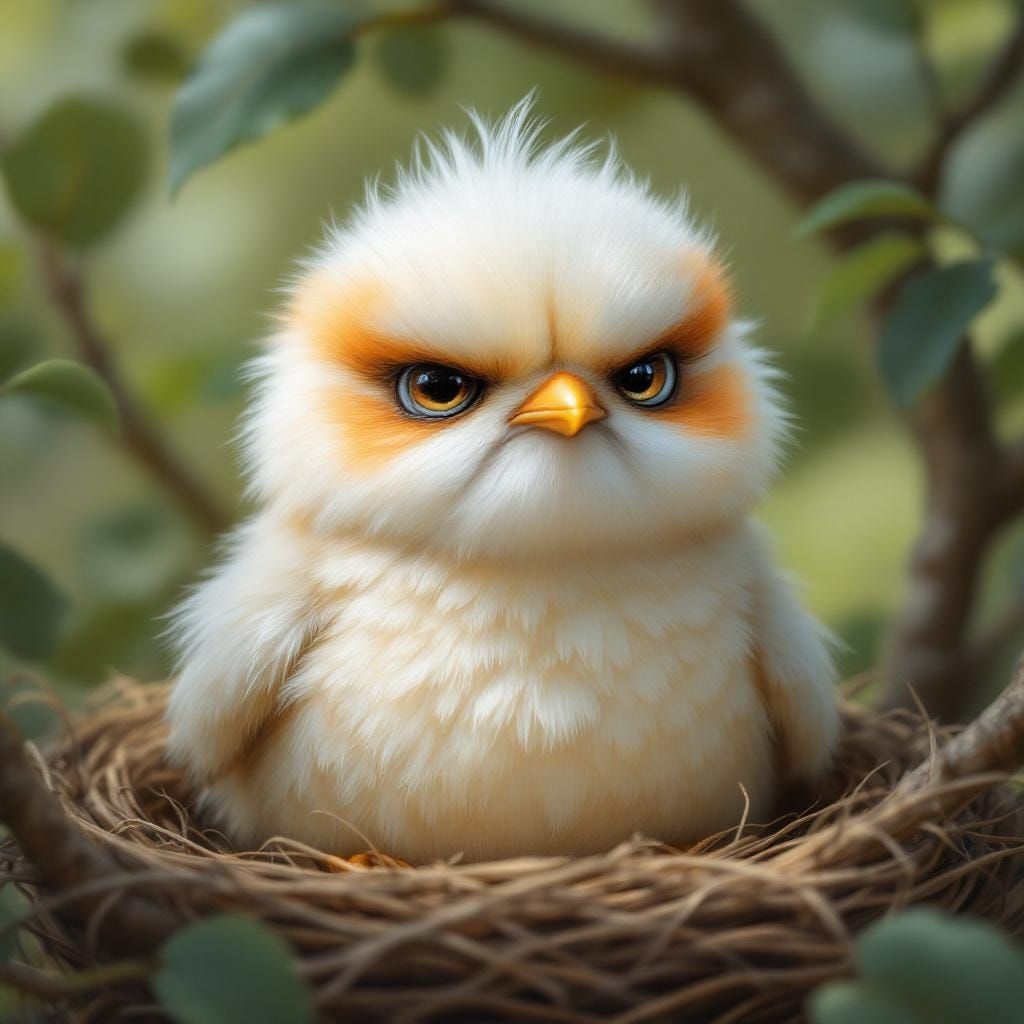 Grumpy Baby Bird in Nest: Realistic Expressionism