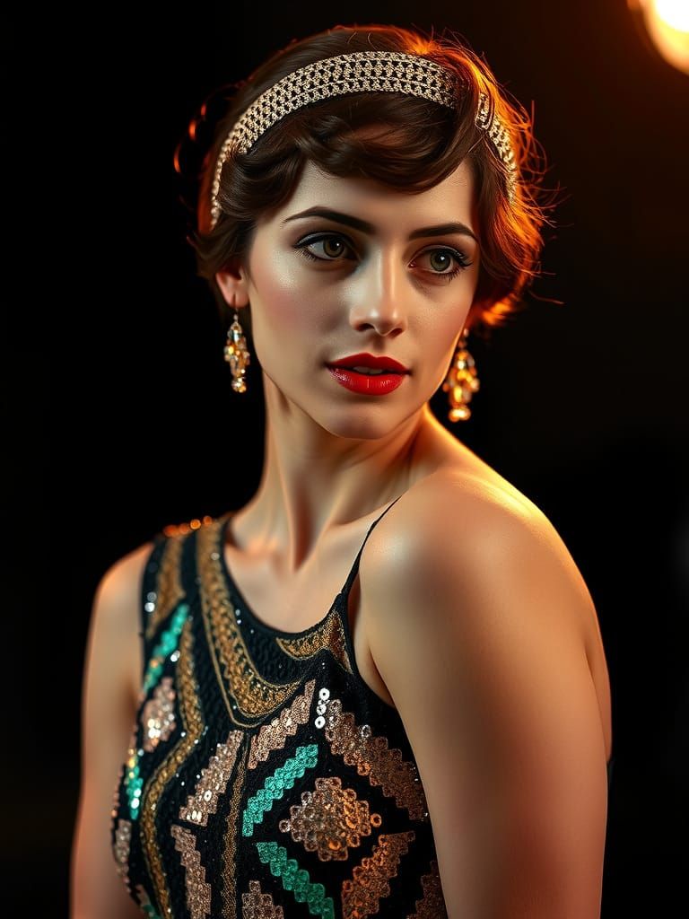 Glamorous 1920s Flapper Girl in Sequin Gown