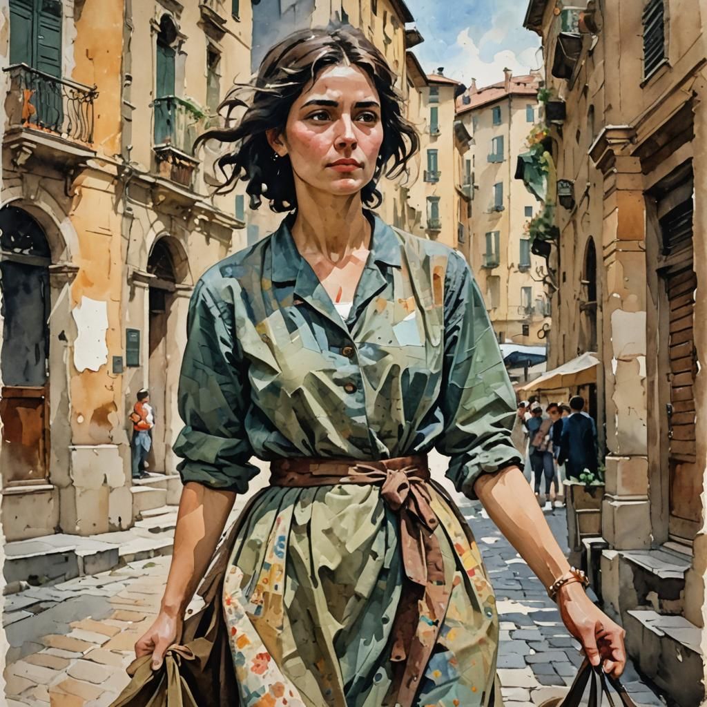 Italian Woman in Milan: Retro Impressionist Gouache