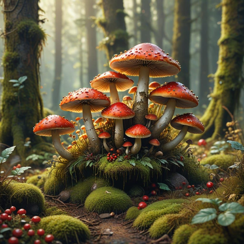 Enchanting Mushroom Cluster in a Lush Woodland: Digital Pain...