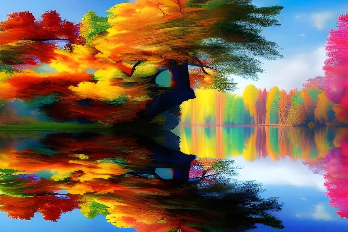 Four Seasons Tree Reflected in Lake: Airbrush Painting