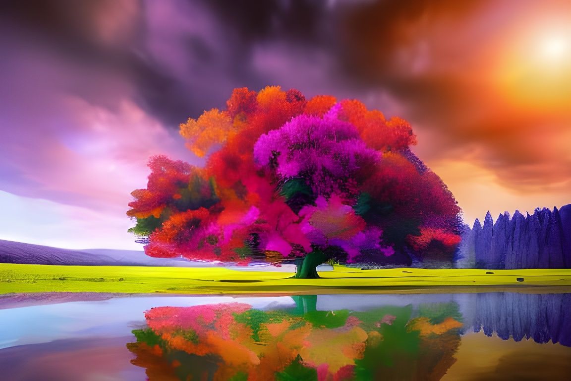 Four Seasons Tree Reflected as Digital Painting