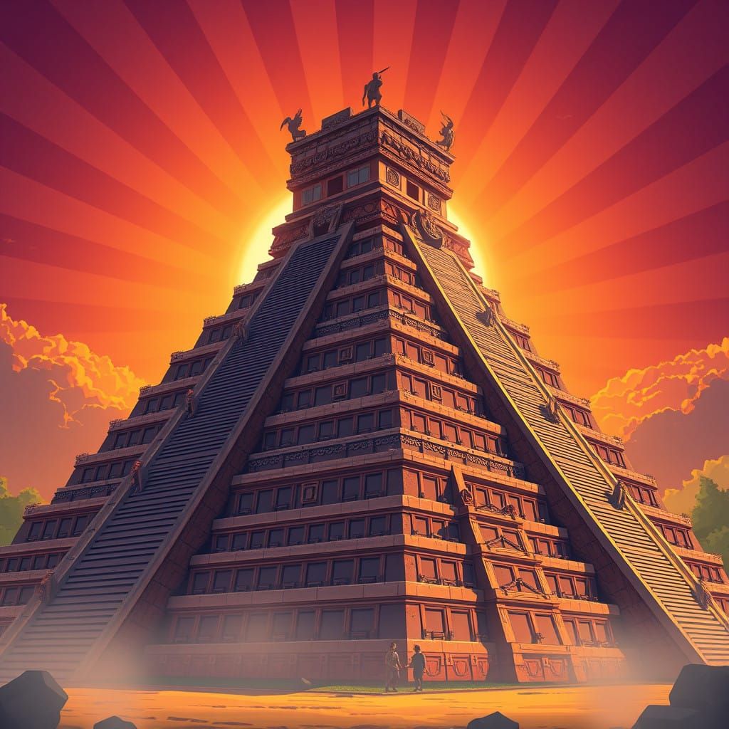 Ancient Mexican Pyramid Blend in Vibrant, Cel-Shaded Anime S...