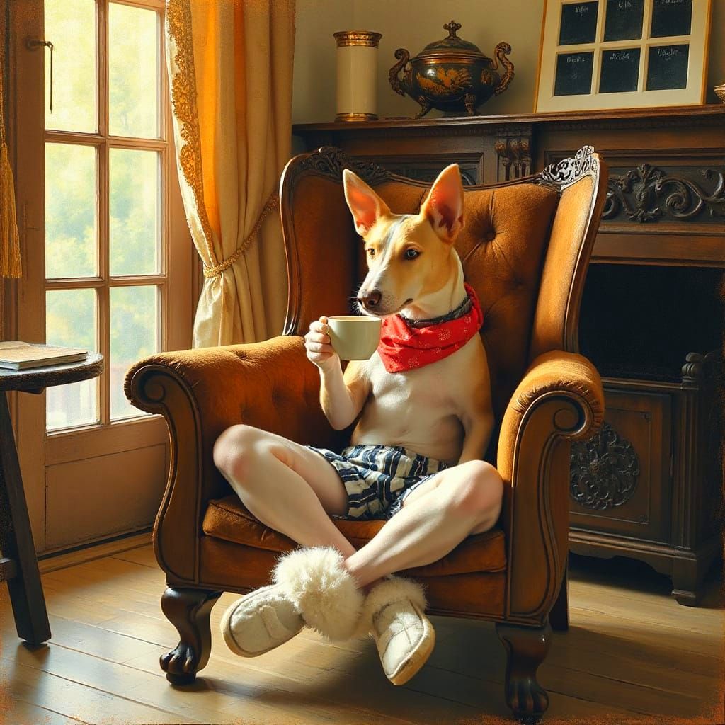 Pink Borzoi Enjoying Coffee: A Tranquil Oil Painting