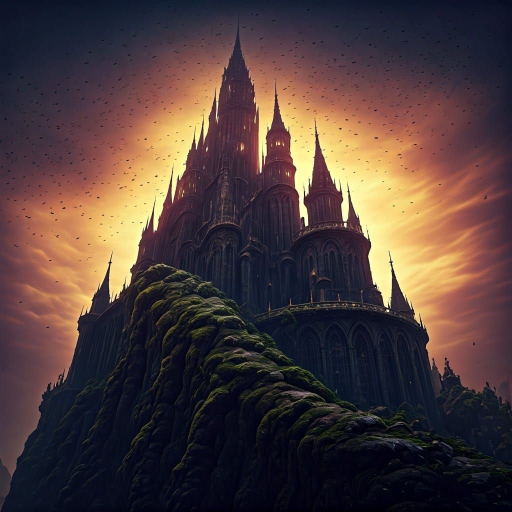 Twisted Dark Castle Amidst Eerie Purple Skies