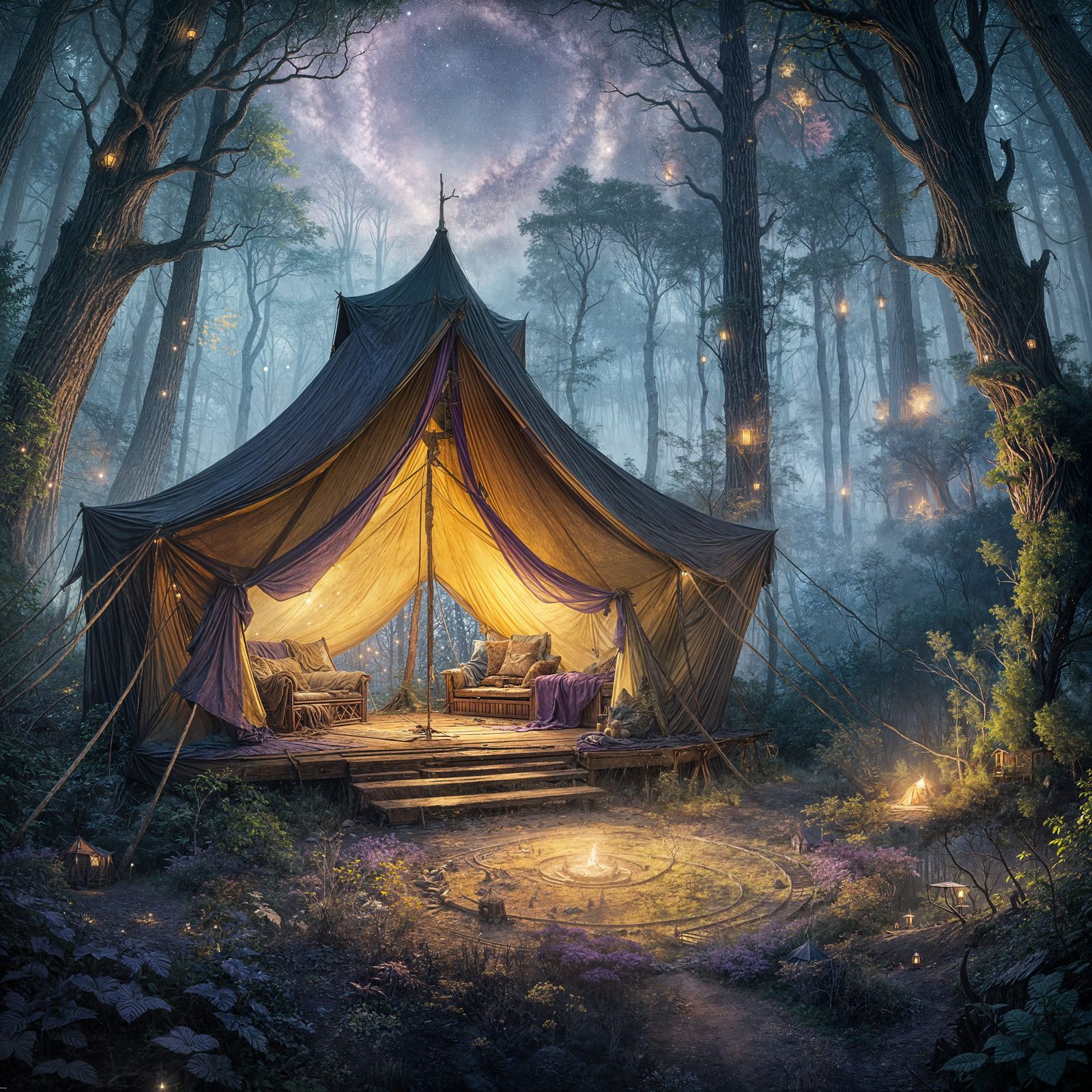 Enchanted Woodland Campsite Under Celestial Stars