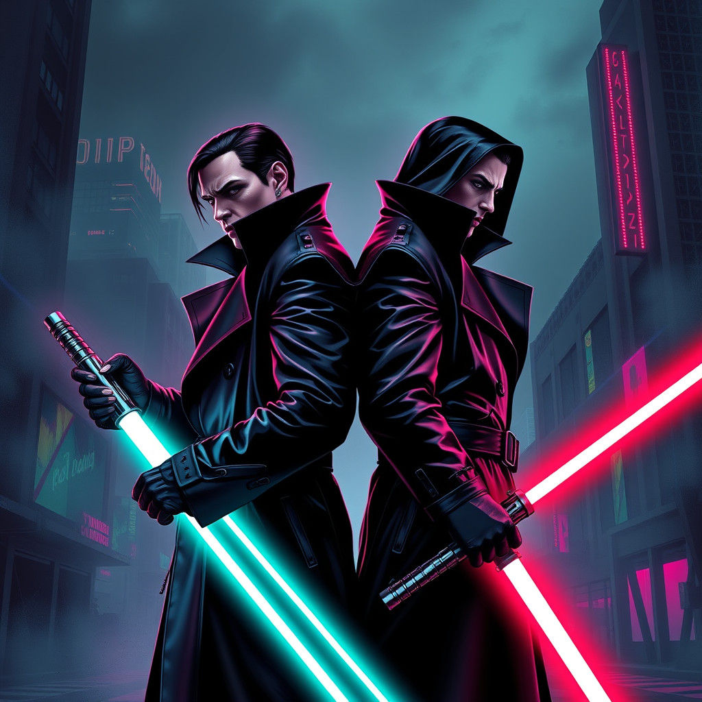 Vampire Lightsaber Duel in Cyberpunk Cityscape