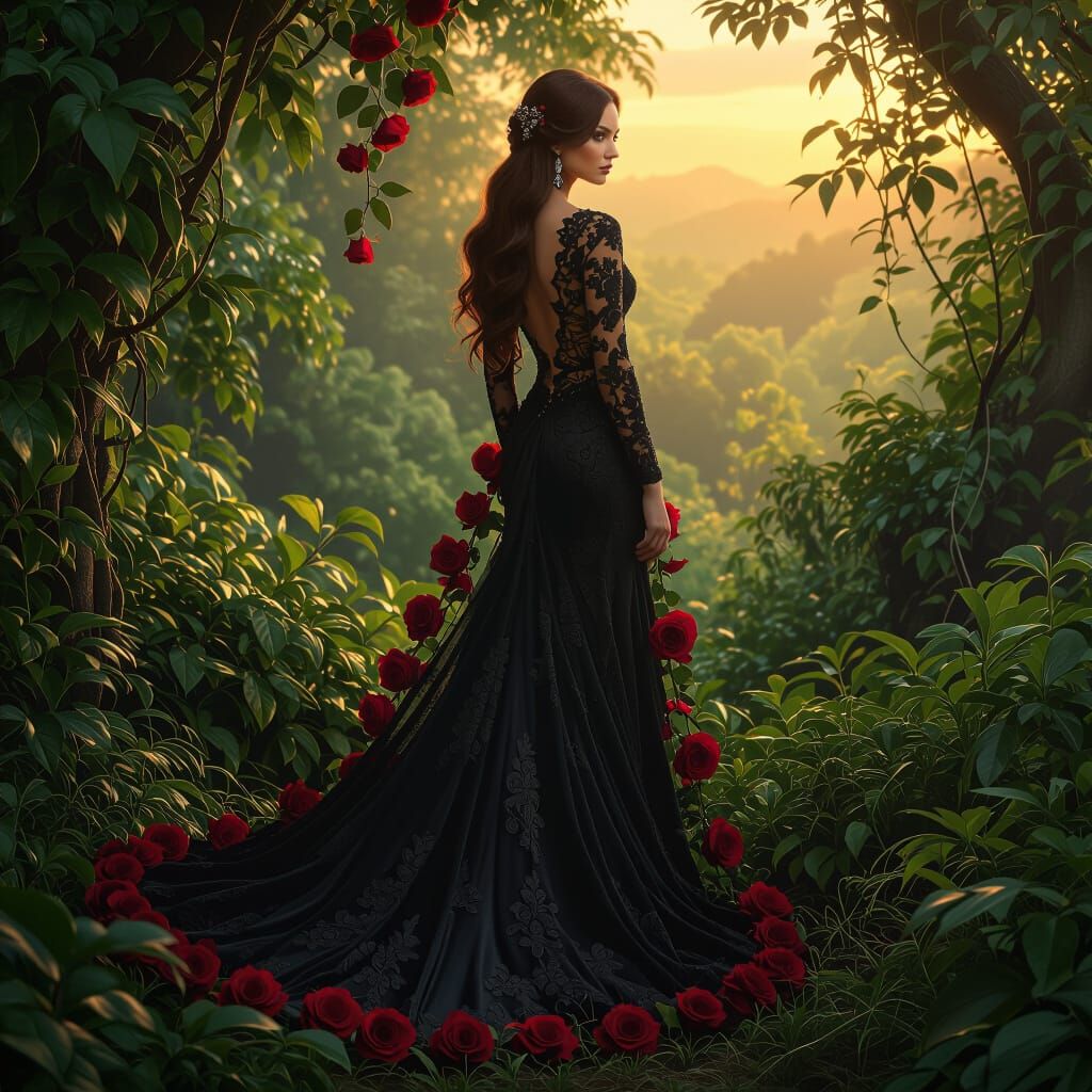 Elegant Woman in Forest with Dramatic Lighting