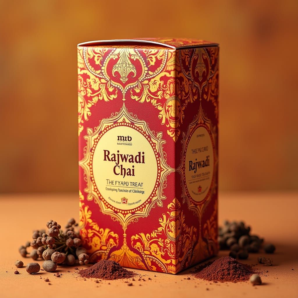 Exotic Indian Tea Packaging in Vibrant Colors and Golden Acc...