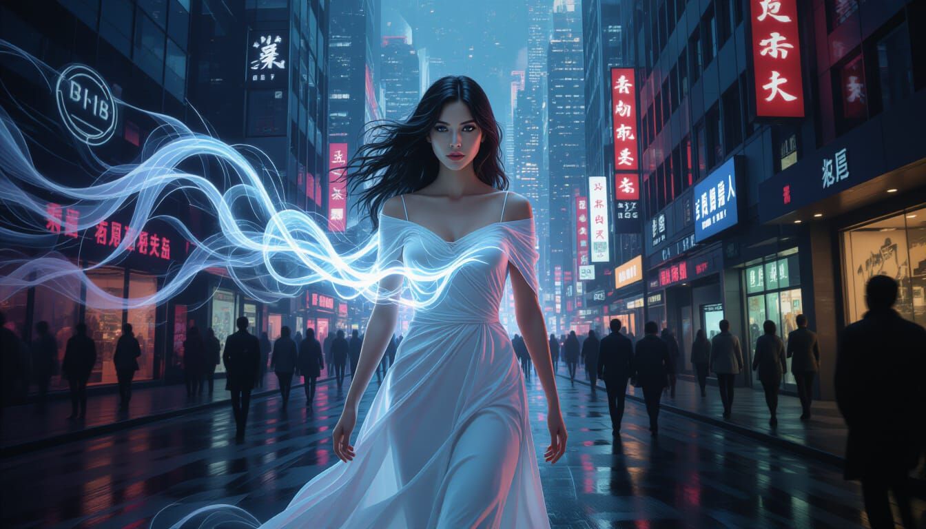 Ethereal Woman in a Hyper-Realistic Metropolis