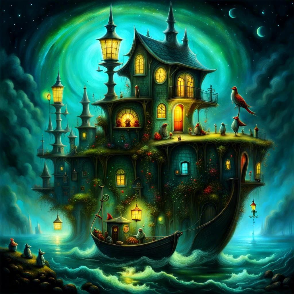 Bioluminescent Houseboat: Surreal Ink Illustration