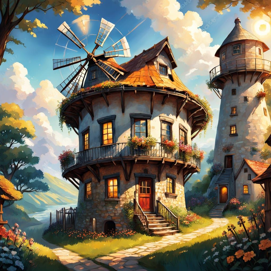 Whimsical Windmill Cottage in a Golden Light