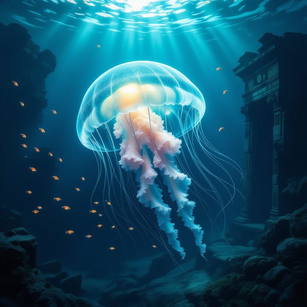 Bioluminescent Jellyfish Illuminates Sunken Ruins in Deep Se...