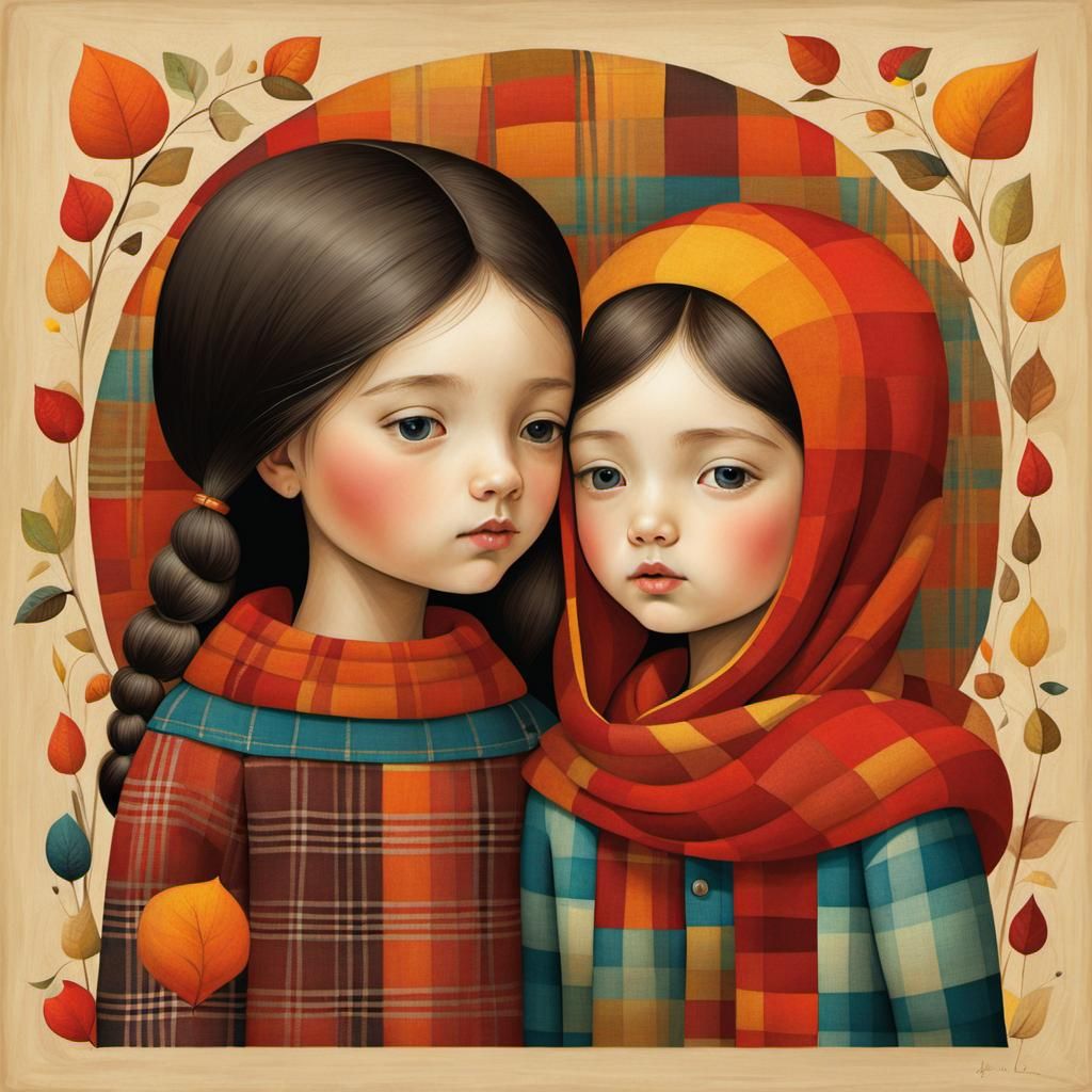 Warm Sibling Love in Artistic Plaid Patterns