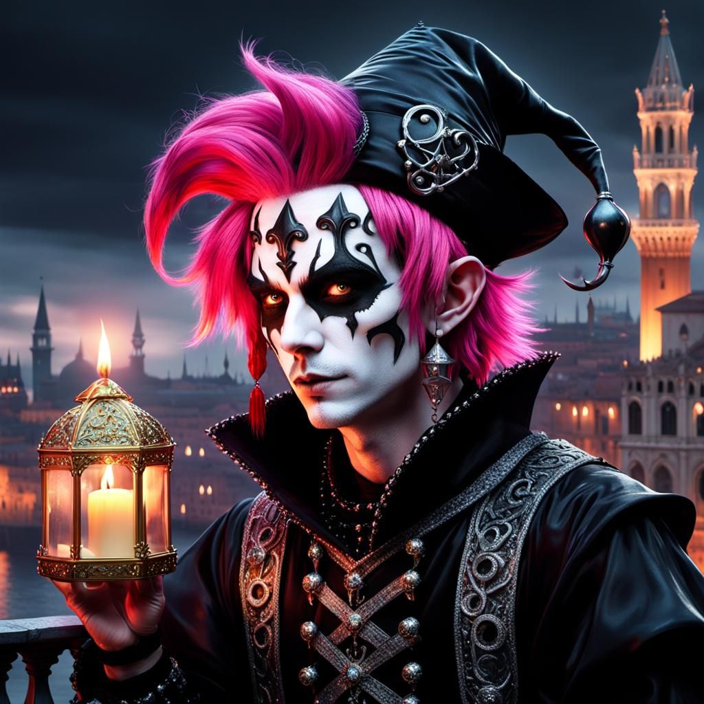 Gothic Anime Jester in Misty Venice Illustration