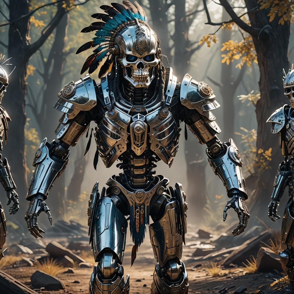 Futuristic Native American Robot Warrior in Chrome Armor