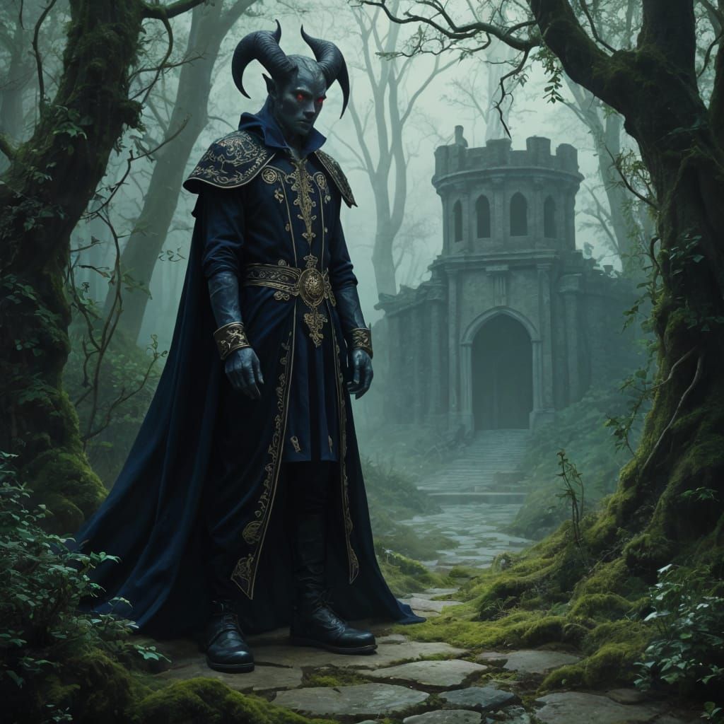 Tiefling Warlock in Shadowy Overgrown Forest