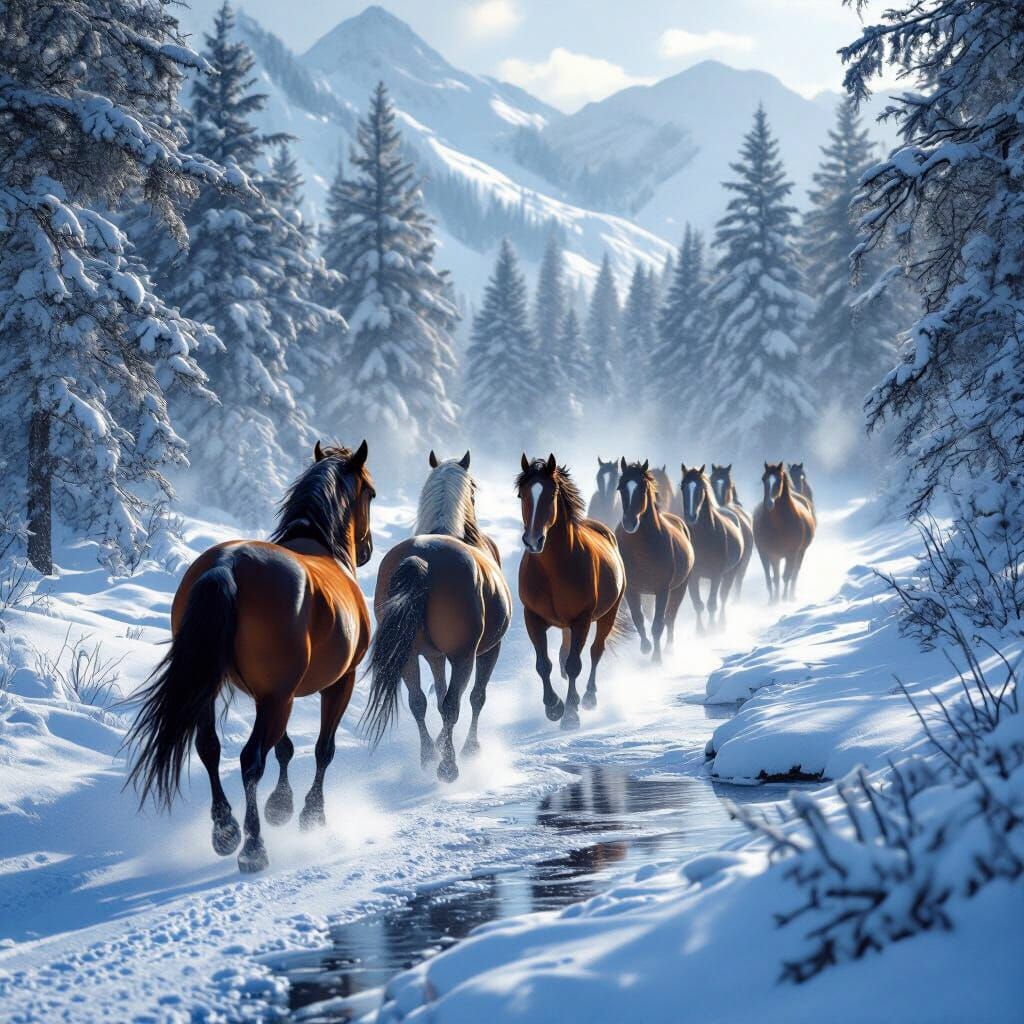 Horses Galloping Through Snowy Forest to Watering Hole