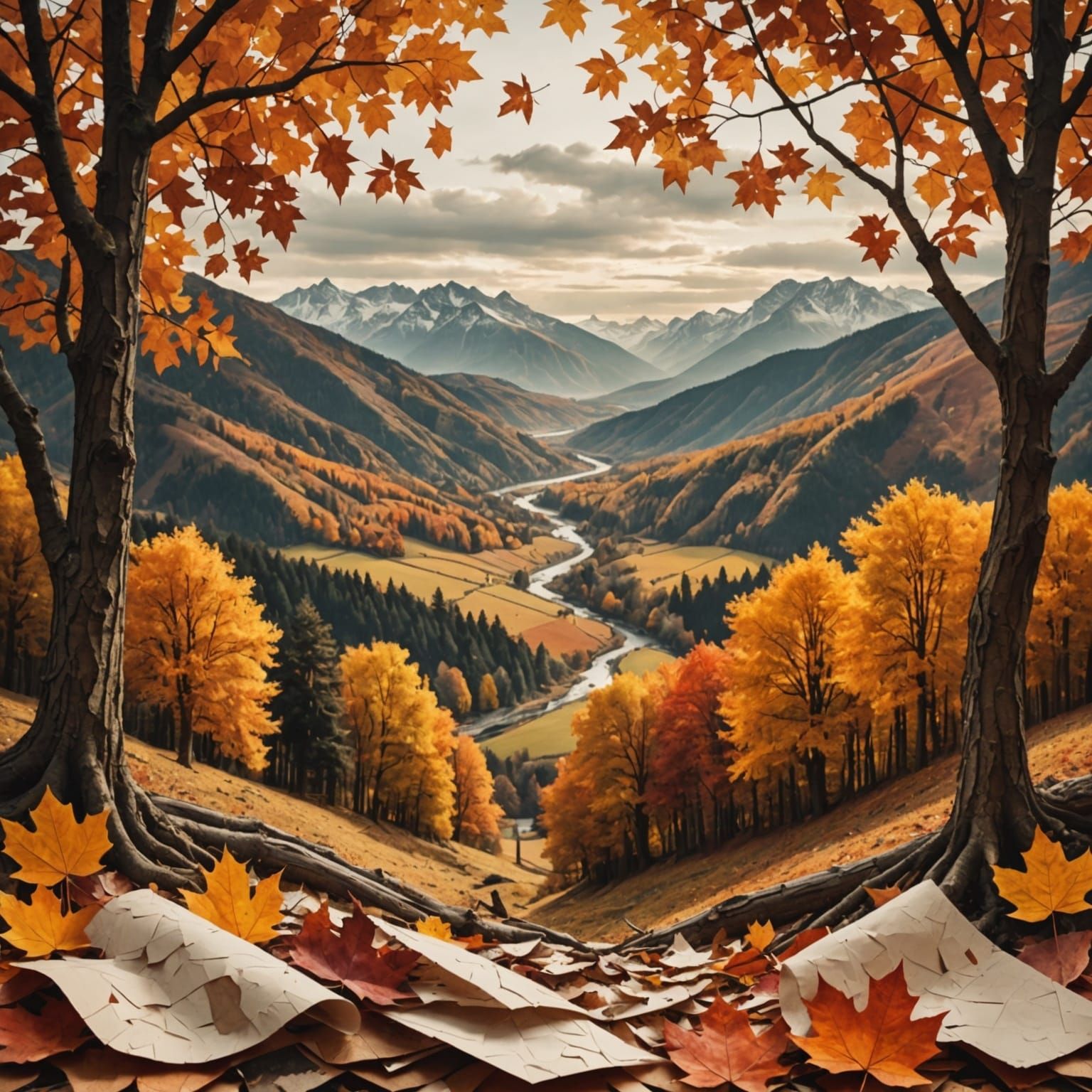 Autumn Landscape Collage in Textured Paper Style